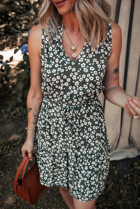 Bohemian Floral All Over Print V Neck Sleeveless Tunic A Line Summer Dress